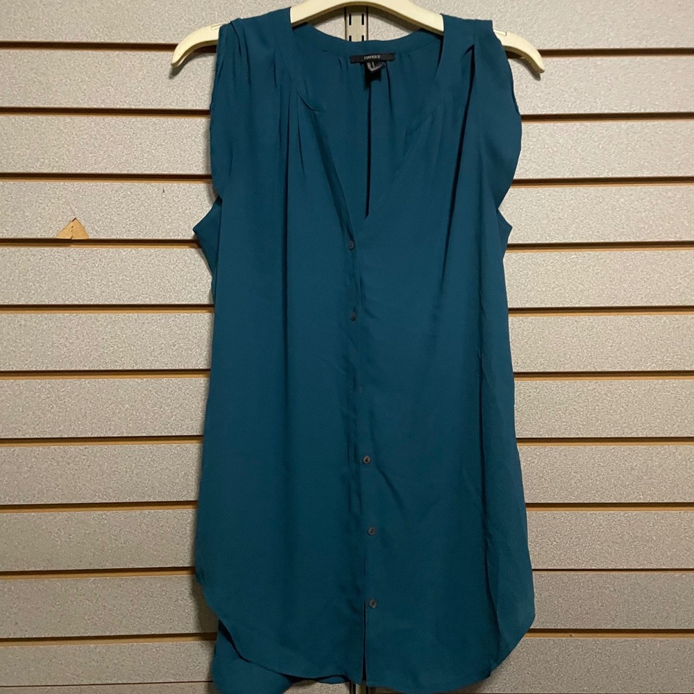 FOREVER 21 Teal Sleeveless V Neck Button Front Tunic Top Women's Small